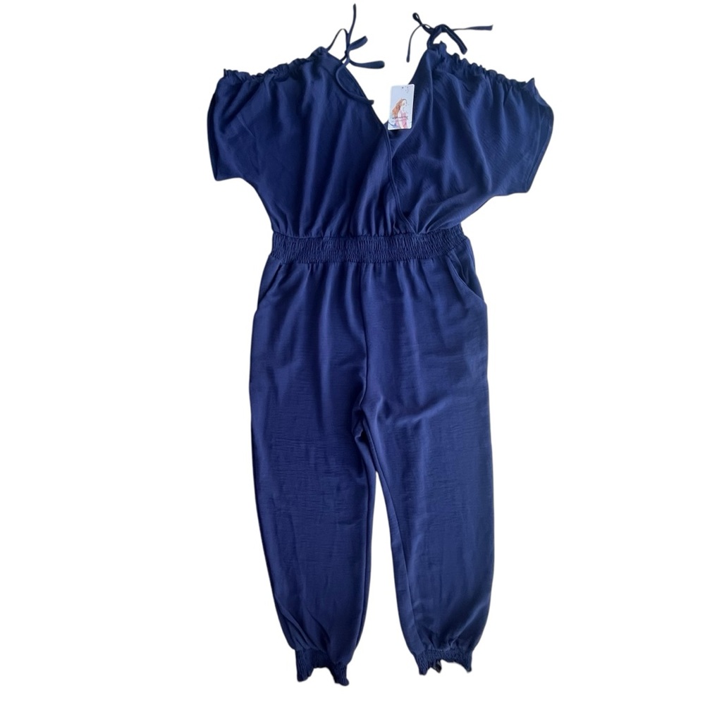 Pretty Garden Women’s XL Navy Bl Short Sleeve Cold Shoulder Wrap V-neck Jumpsuit